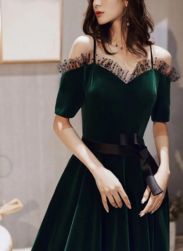 Green Off Shoulder Velvet Long Party Dress